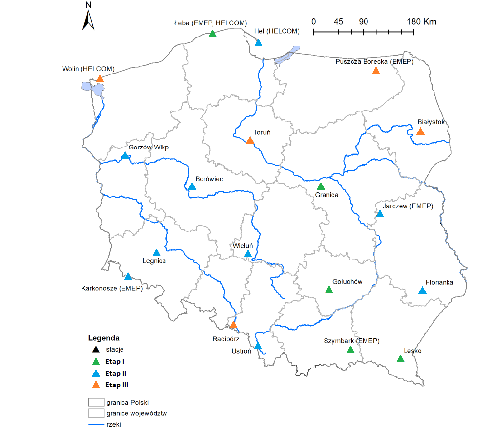 Map 1. The map presents the planned locations of the stations: Wolin (HELCOM), Łeba (EMEP, HELCOM), Hel (HELCOM), Puszcza Borecka (EMEP), Białystok, Toruń, Gorzów Wielkopolski, Borówiec, Granica, Jarczew (EMEP), Florianka, Lesko, Szymbark (EMEP), Gołuchów, Wieluń, Legnica, Giant Mountains (EMEP), Racibórz, Ustroń